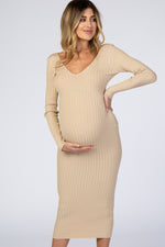 Taupe V-Neck Long Sleeve Fitted Maternity Maxi Dress by PinkBlush (view 6 of 27)