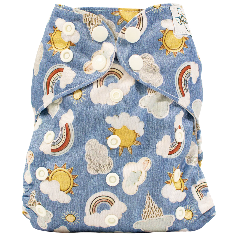 Slim Fit Pocket Cloth Diaper with printed clouds and sun, adjustable snaps, and wide pocket opening.