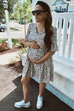 Beige Animal Print Ruffle Sleeve Maternity Dress PinkBlush 