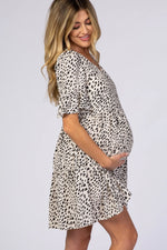Beige Animal Print Ruffle Sleeve Maternity Dress PinkBlush 