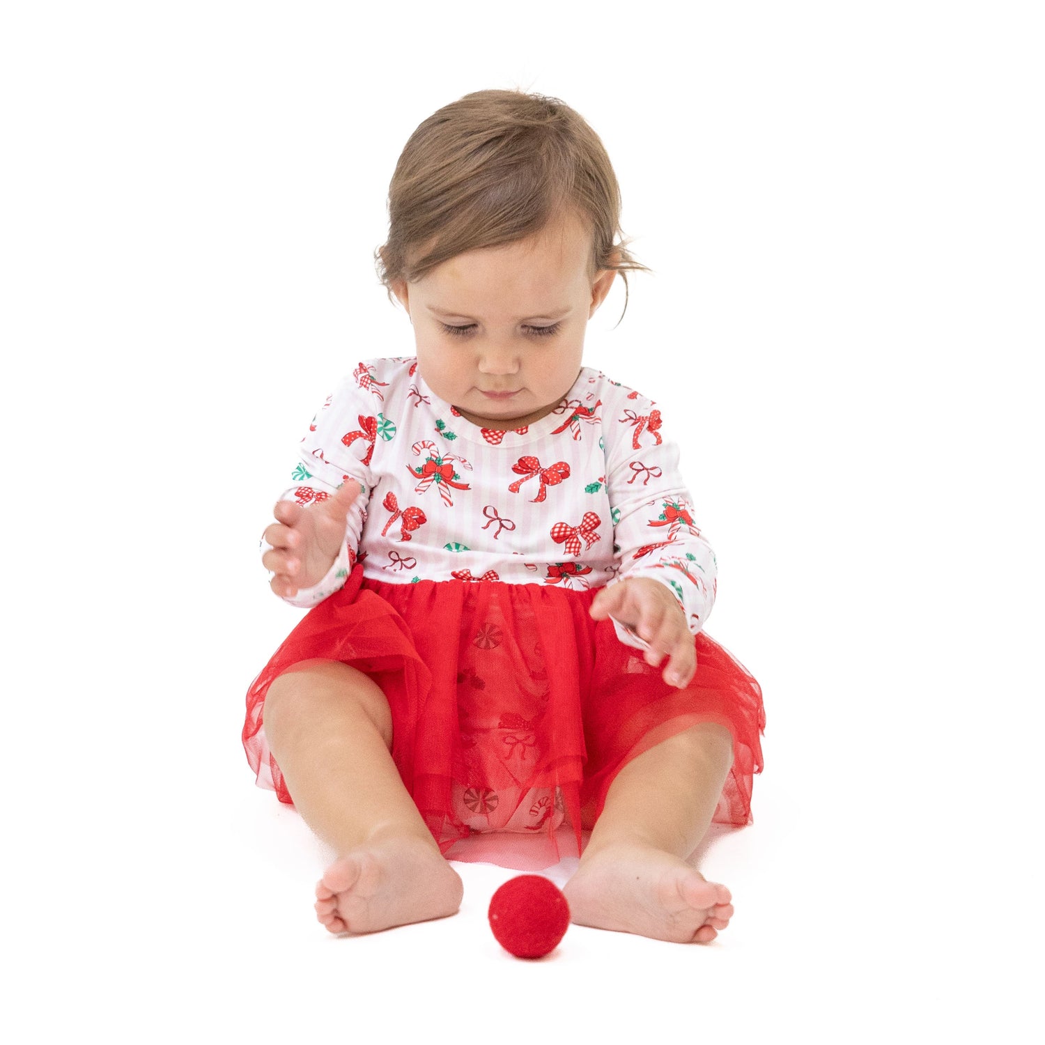Long sleeve baby tutu bodysuit dress with bows and candy canes print and full tulle skirt
