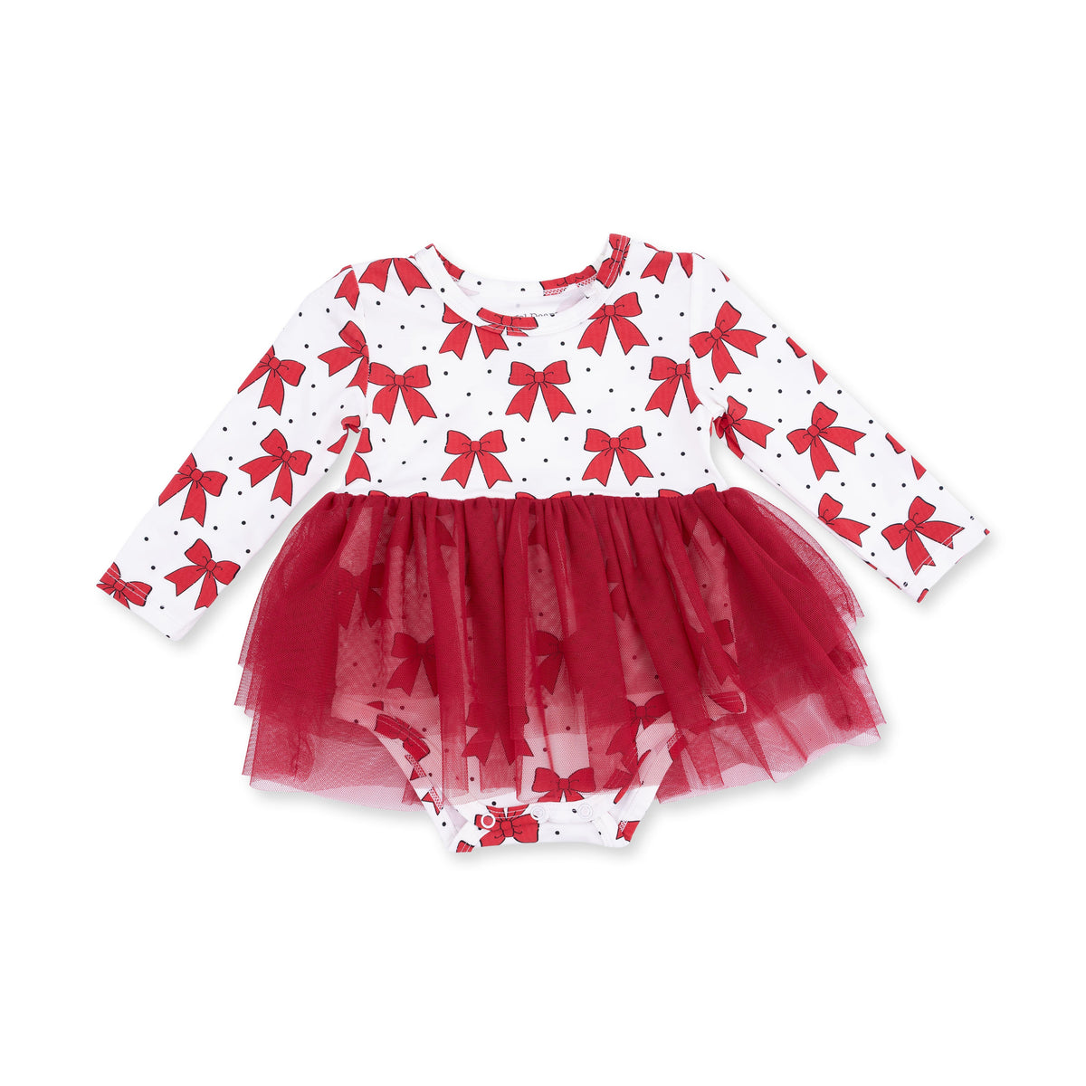 Long sleeve baby bodysuit dress with festive bow print top and full tulle skirt