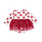 Long sleeve baby bodysuit dress with festive bow print top and full tulle skirt