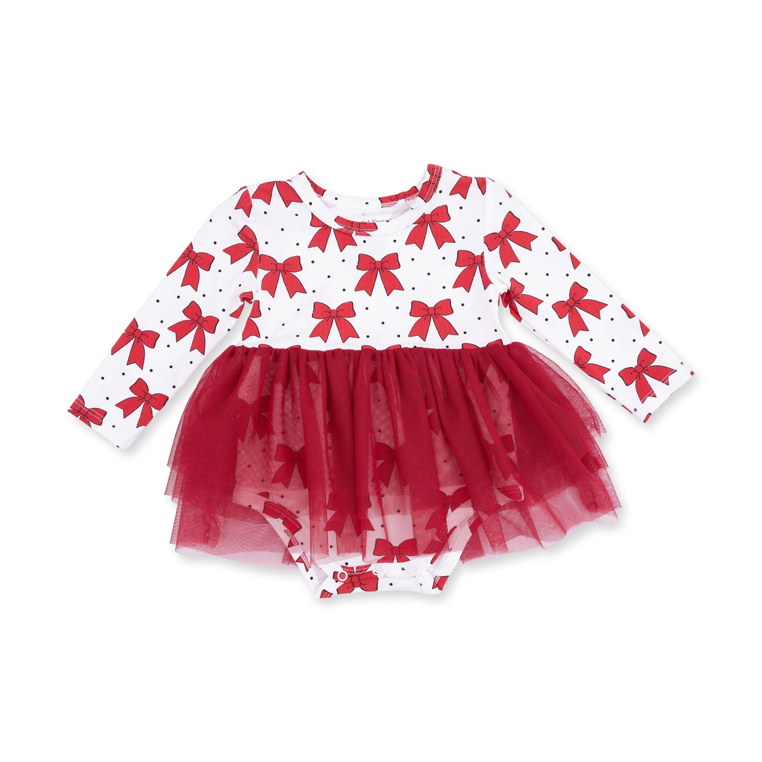 Long sleeve baby bodysuit dress with festive bow print top and full tulle skirt
