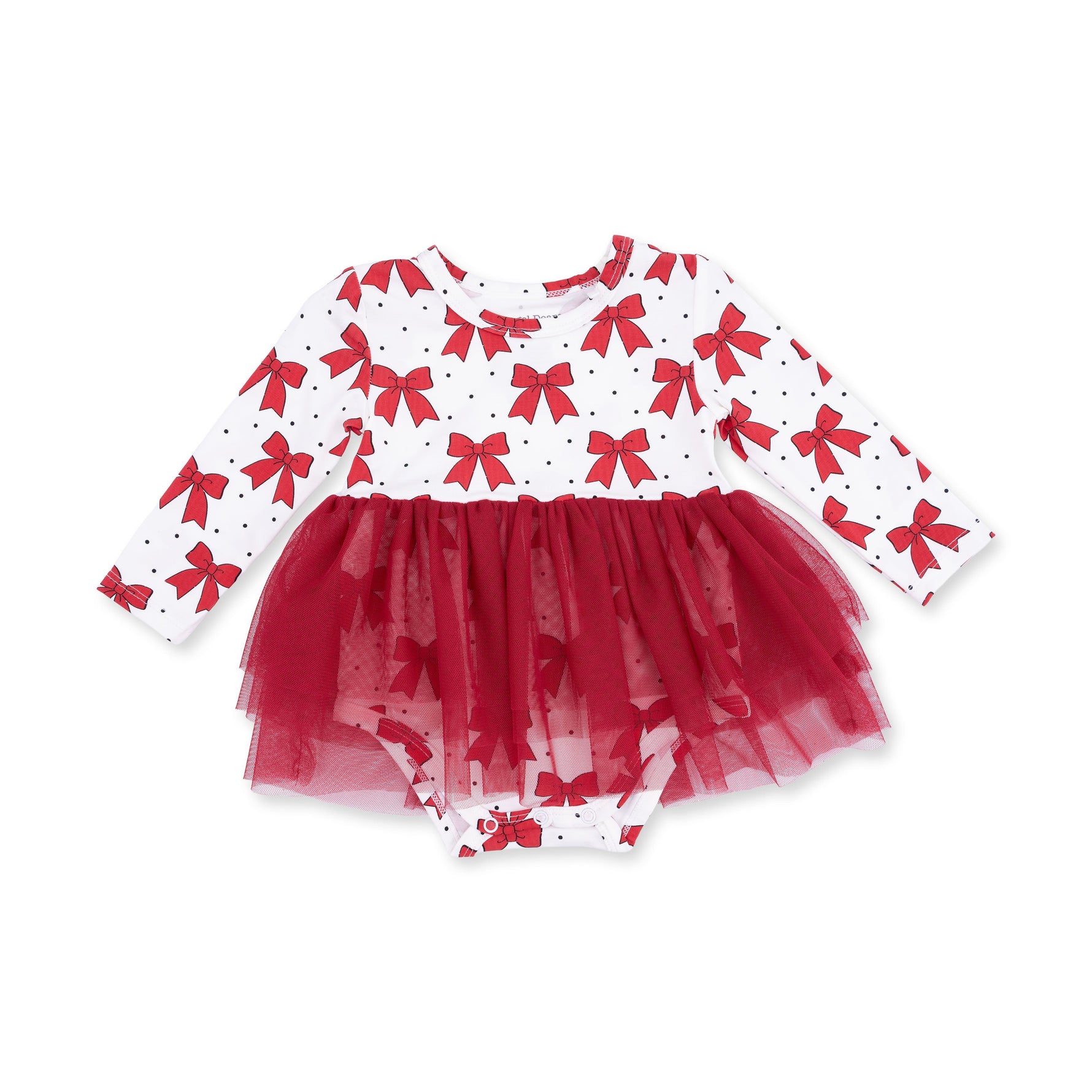 Long sleeve baby bodysuit dress with festive bow print top and full tulle skirt