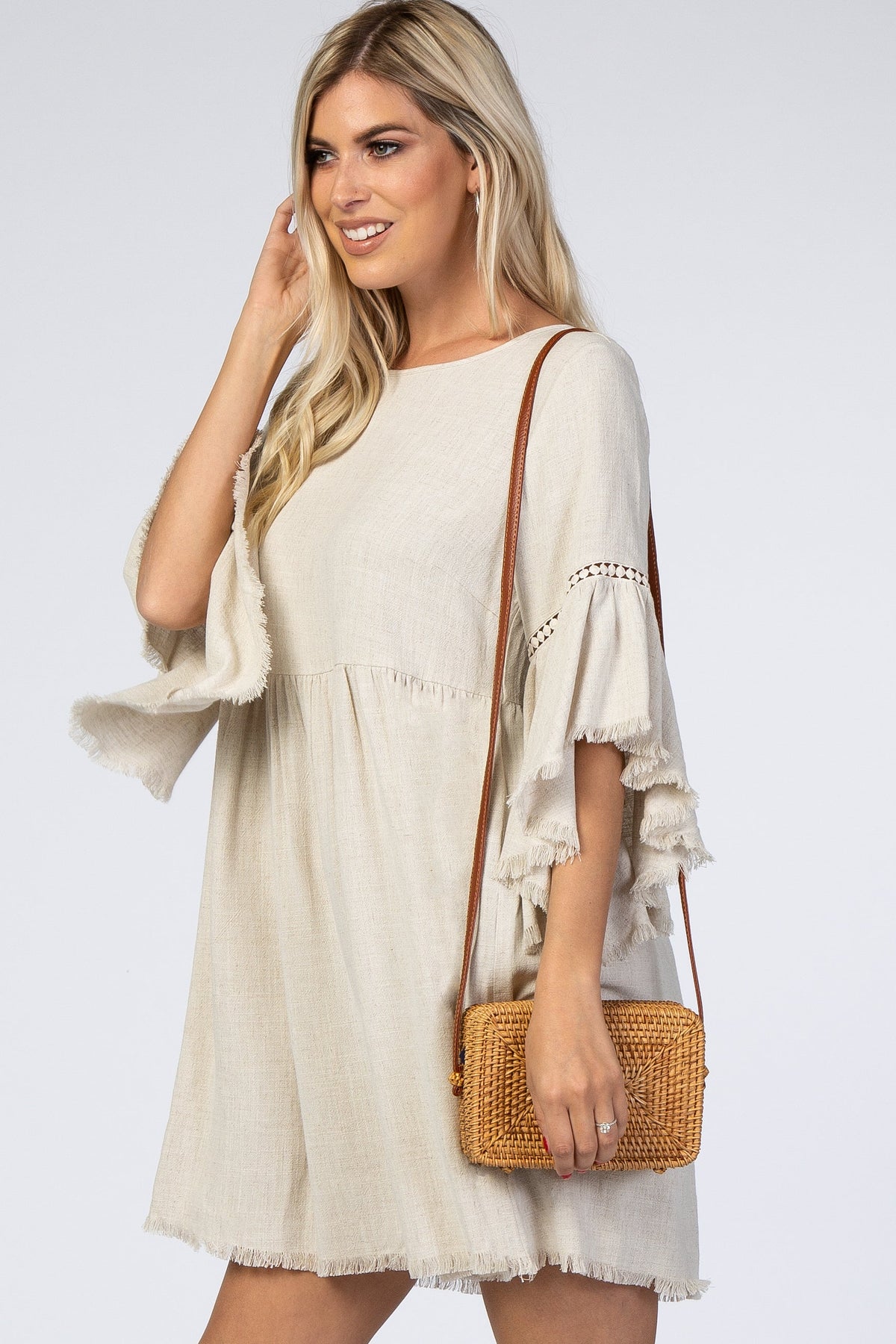 Raw Edge Bell Sleeve Babydoll Dress - Crochet Trim by PinkBlush (view 3 of 27)