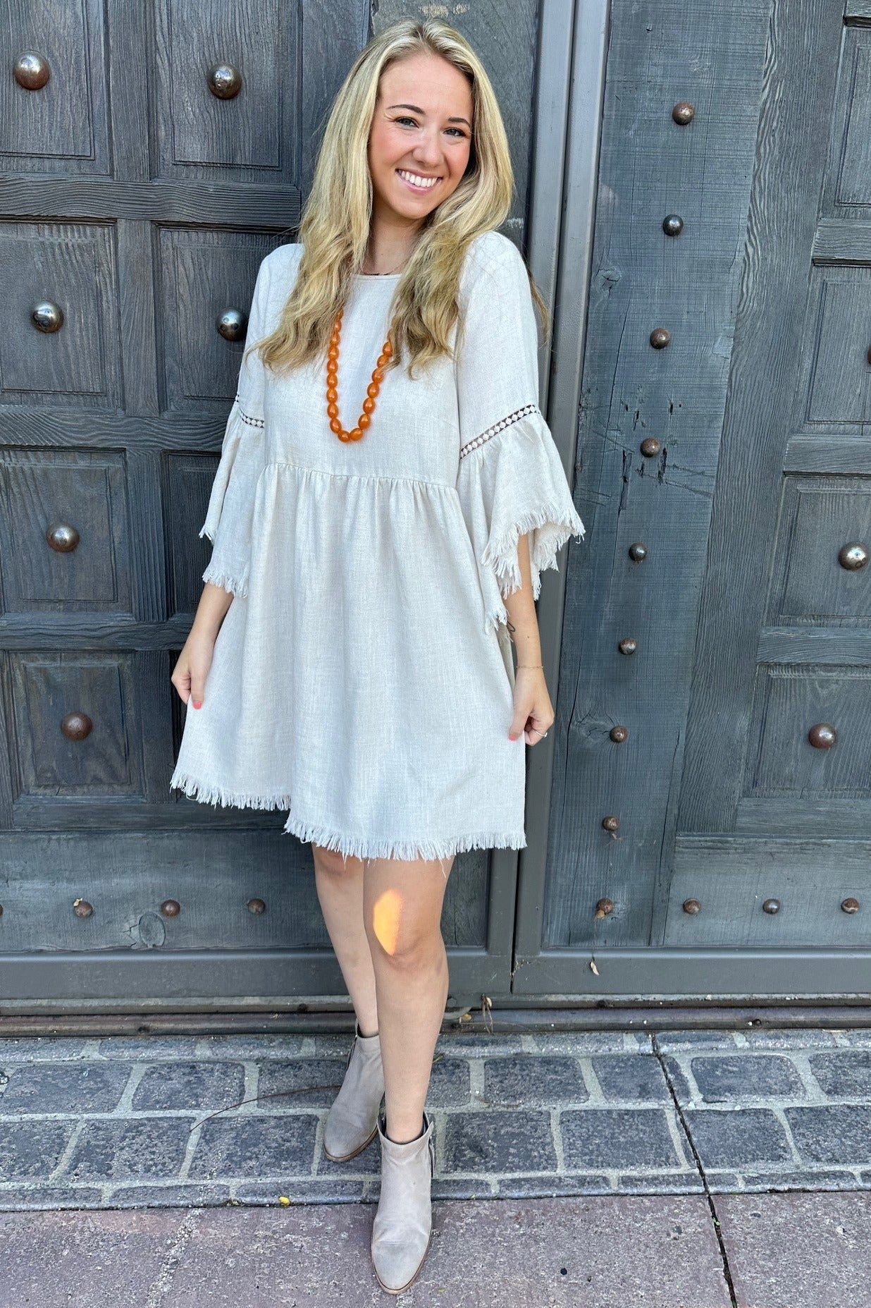 Raw Edge Bell Sleeve Babydoll Dress - Crochet Trim by PinkBlush (view 23 of 27)