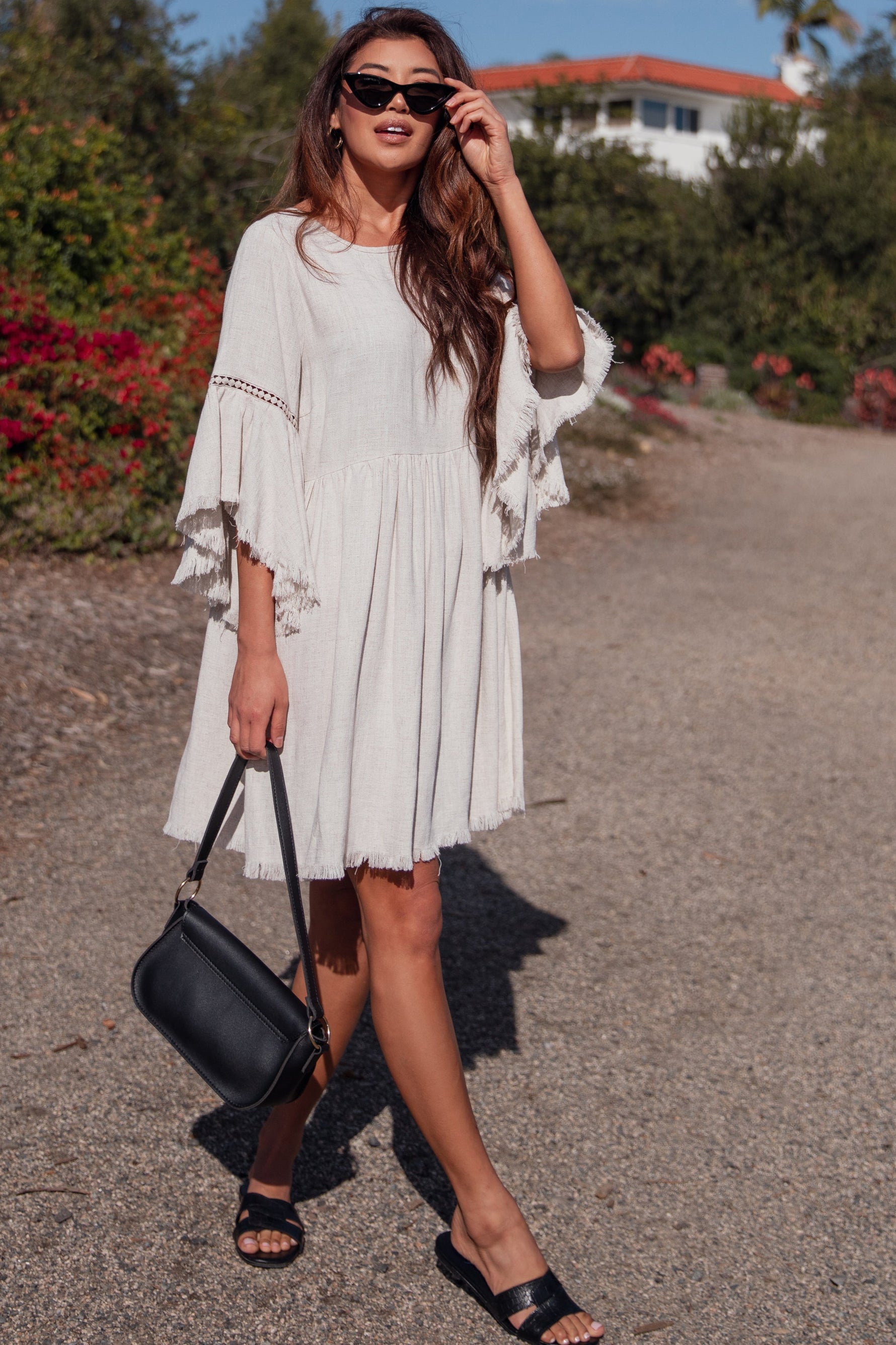 Raw Edge Bell Sleeve Babydoll Dress - Crochet Trim by PinkBlush (view 5 of 27)