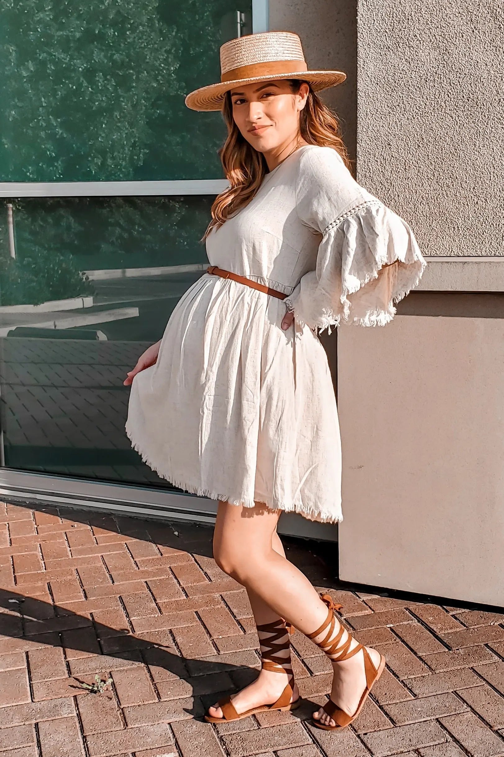 Beige Raw Edge Bell Sleeve Babydoll Maternity Dress with Crochet Trim and Back Keyhole Cutout PinkBlush