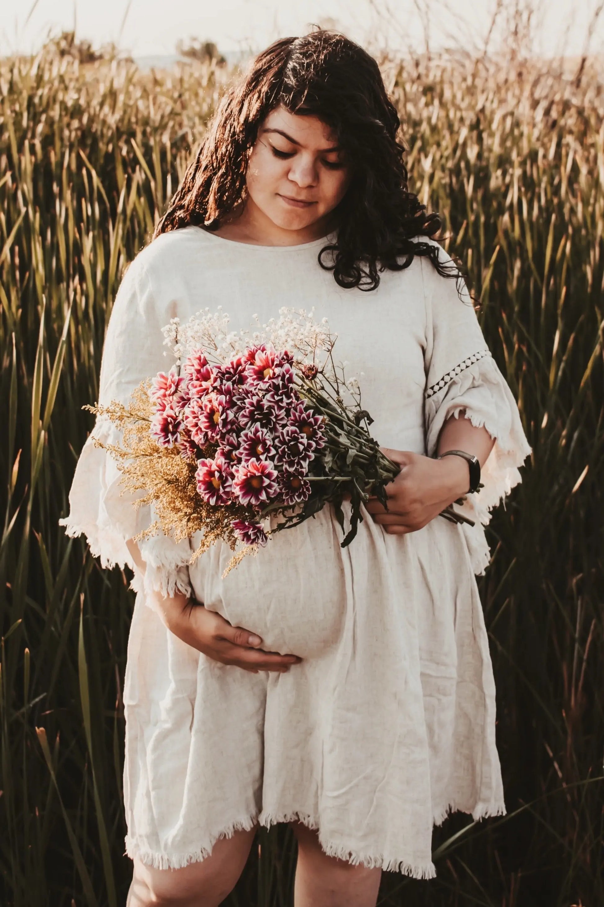Beige Raw Edge Bell Sleeve Babydoll Maternity Dress with Crochet Trim and Back Keyhole Cutout PinkBlush