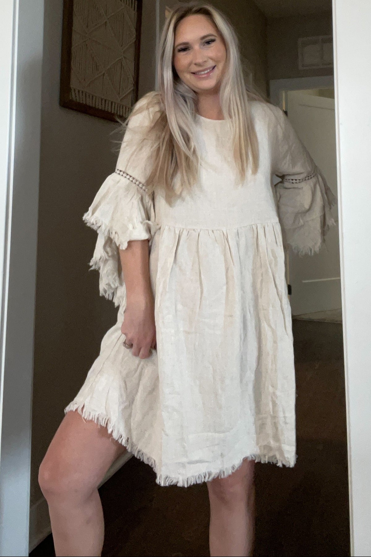 Raw Edge Bell Sleeve Babydoll Dress - Crochet Trim by PinkBlush (view 25 of 27)