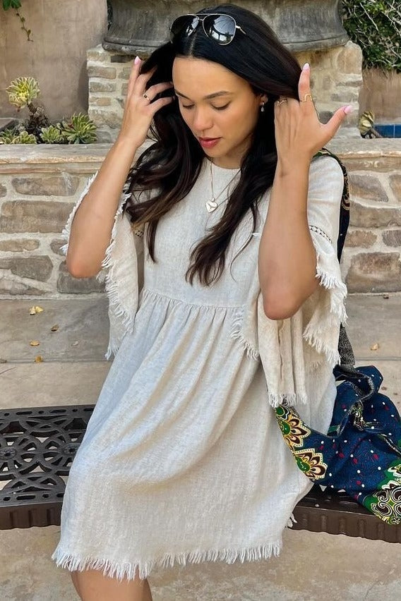 Raw Edge Bell Sleeve Babydoll Dress - Crochet Trim by PinkBlush (view 6 of 27)