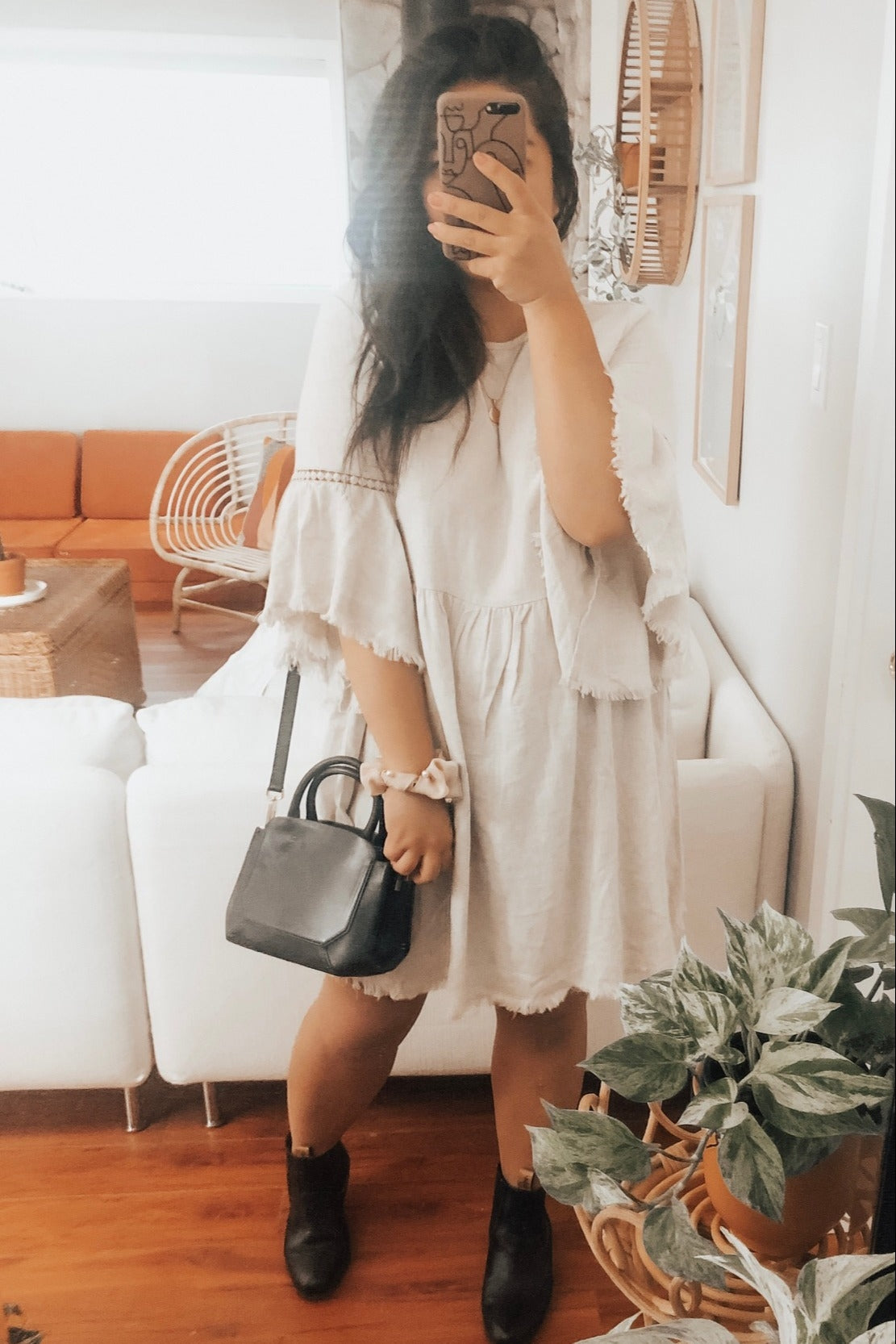 Raw Edge Bell Sleeve Babydoll Dress - Crochet Trim by PinkBlush (view 7 of 27)