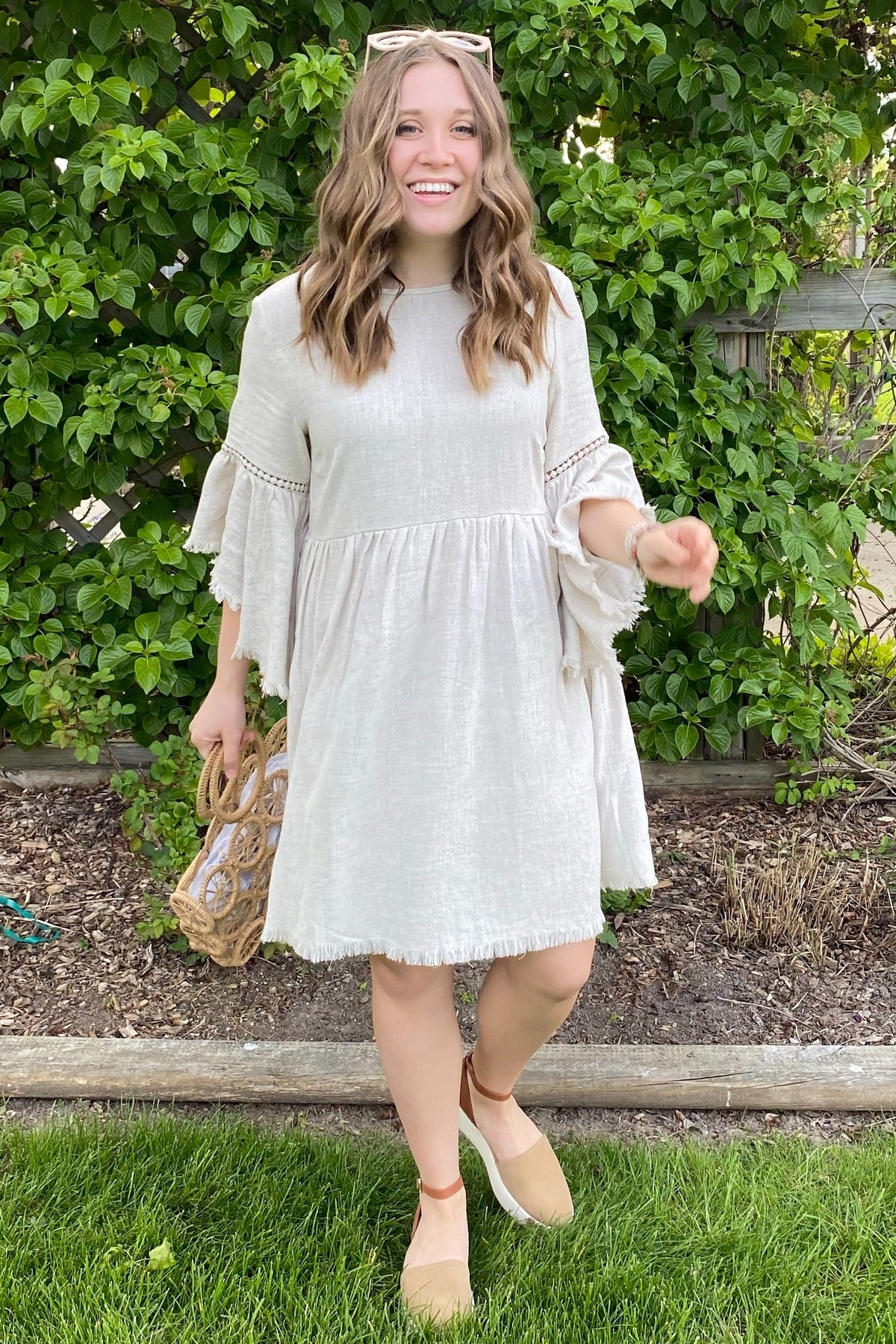 Raw Edge Bell Sleeve Babydoll Dress - Crochet Trim by PinkBlush (view 8 of 27)