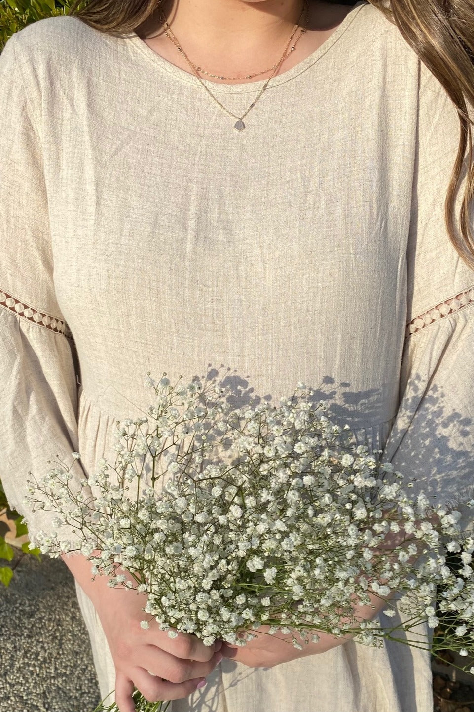 Raw Edge Bell Sleeve Babydoll Dress - Crochet Trim by PinkBlush (view 12 of 27)