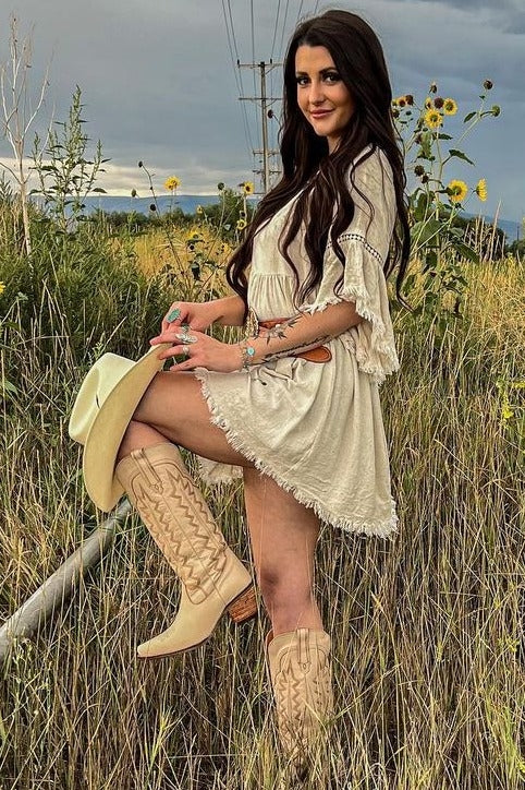 Raw Edge Bell Sleeve Babydoll Dress - Crochet Trim by PinkBlush (view 14 of 27)