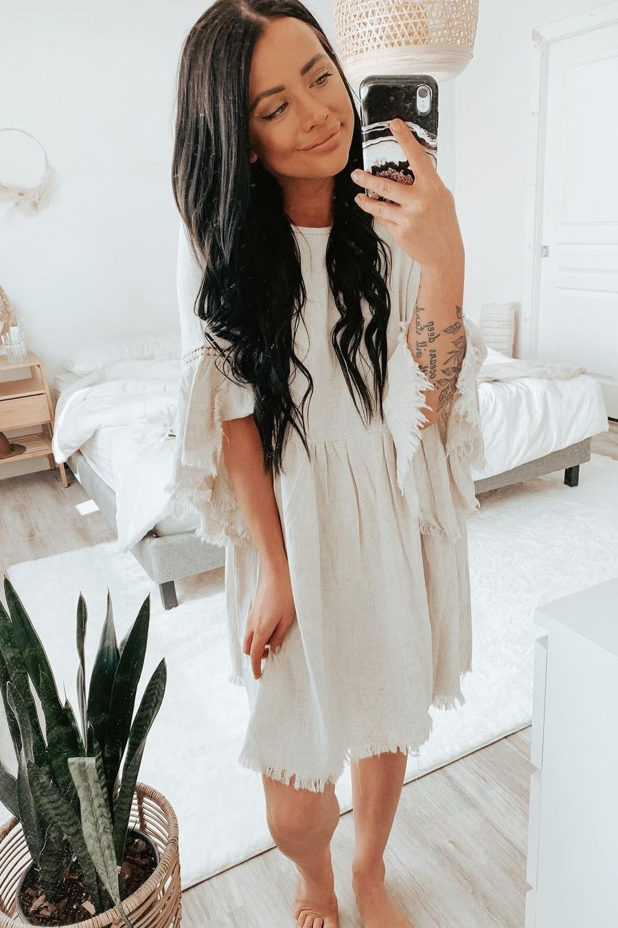 Raw Edge Bell Sleeve Babydoll Dress - Crochet Trim by PinkBlush (view 15 of 27)