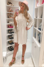 Raw Edge Bell Sleeve Babydoll Dress - Crochet Trim by PinkBlush (view 16 of 27)