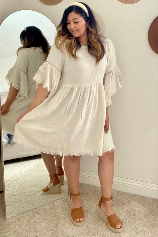Raw Edge Bell Sleeve Babydoll Dress - Crochet Trim by PinkBlush (view 18 of 27)