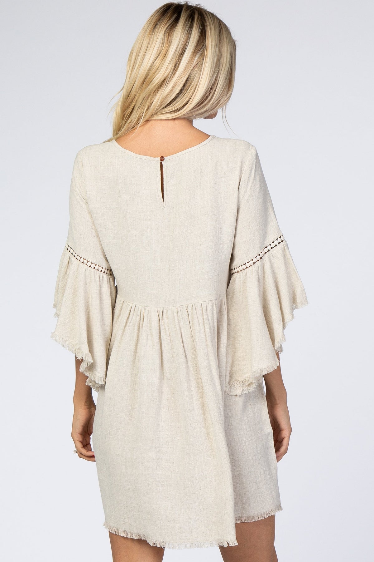 Raw Edge Bell Sleeve Babydoll Dress - Crochet Trim by PinkBlush (view 4 of 27)