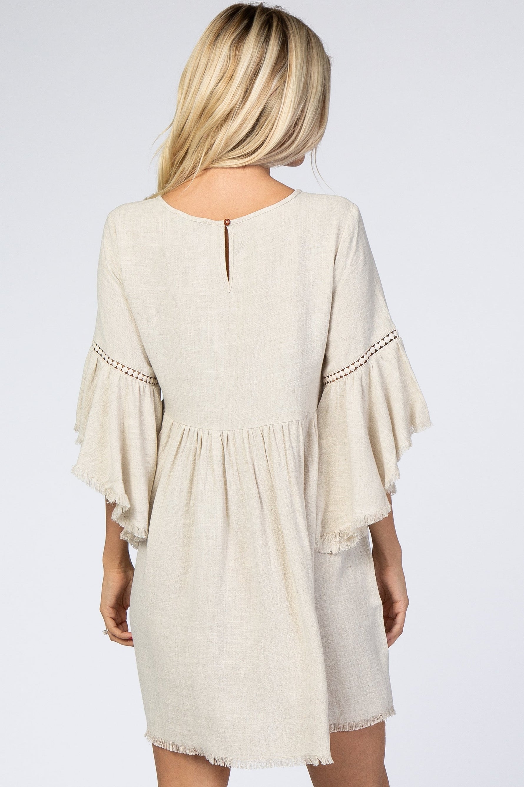 Raw Edge Bell Sleeve Babydoll Dress - Crochet Trim by PinkBlush (view 4 of 27)