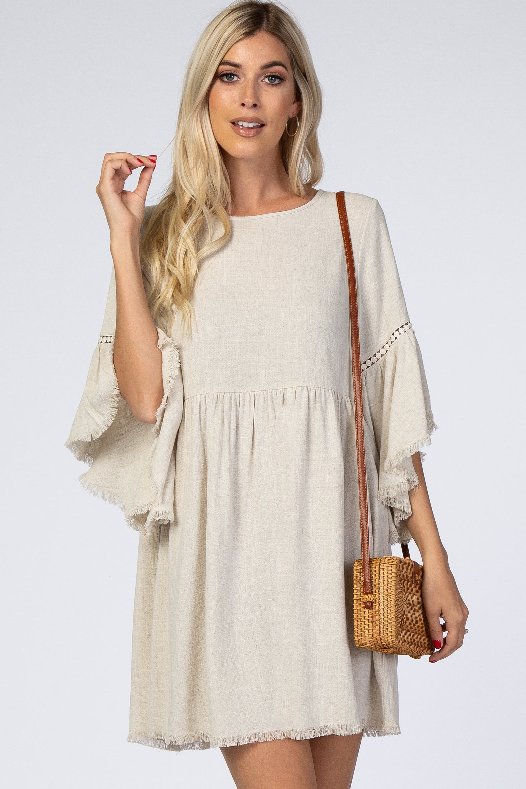 Raw Edge Bell Sleeve Babydoll Dress - Crochet Trim by PinkBlush (view 2 of 27)
