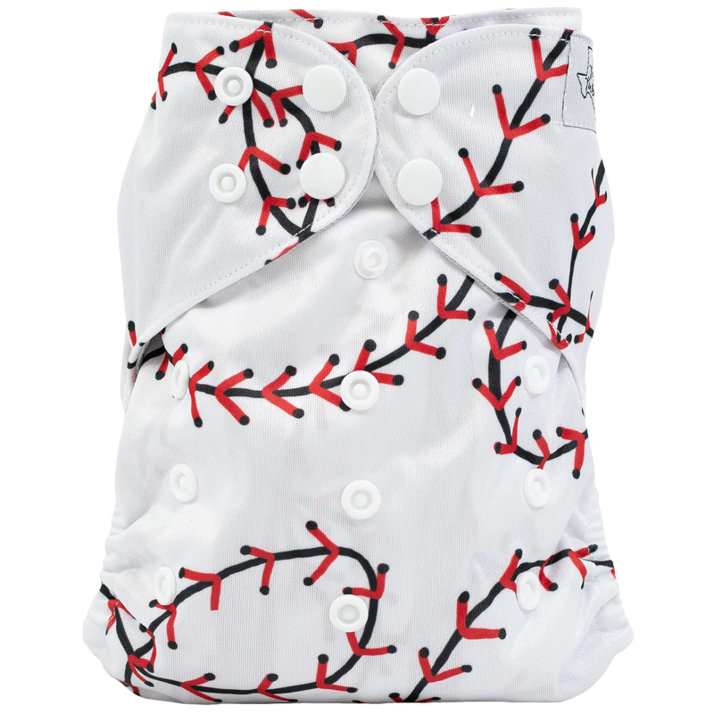 Slim Fit Pocket Cloth Diaper with red and black branch pattern, adjustable snaps, and athletic wicking jersey material.