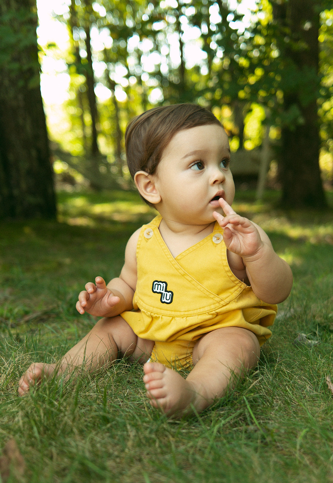 Raine Bubble Crossover Romper Yellow Button Patch Detail For Baby And Toddler