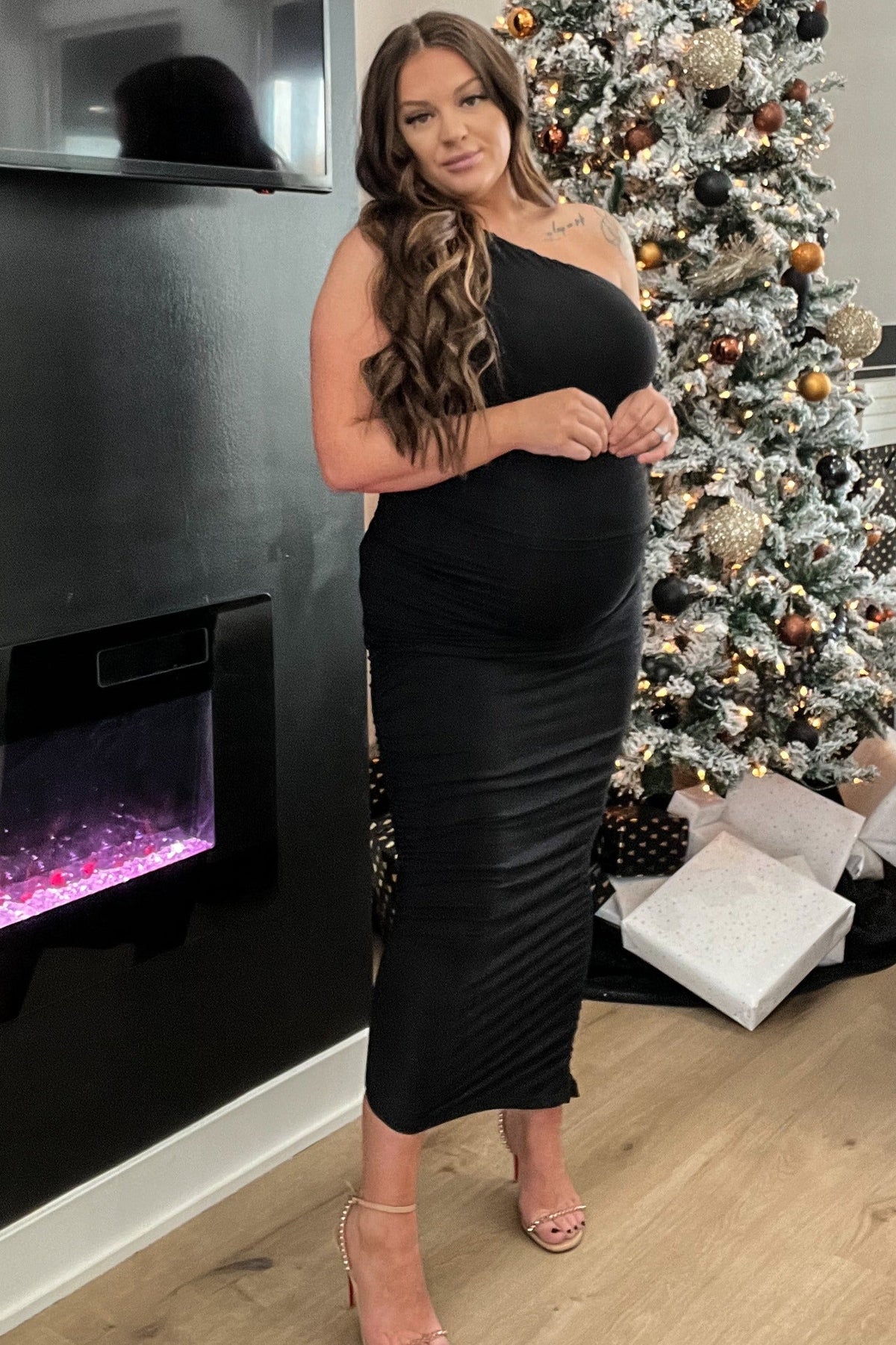PinkBlush Black Ruched One Shoulder Maternity Dress by PinkBlush at Everetts Place