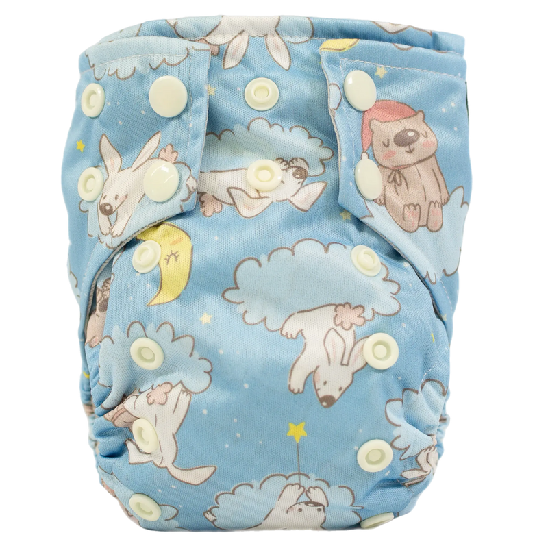Tiny Tushies Newborn AIO Cloth Diaper with animal print and adjustable snaps.