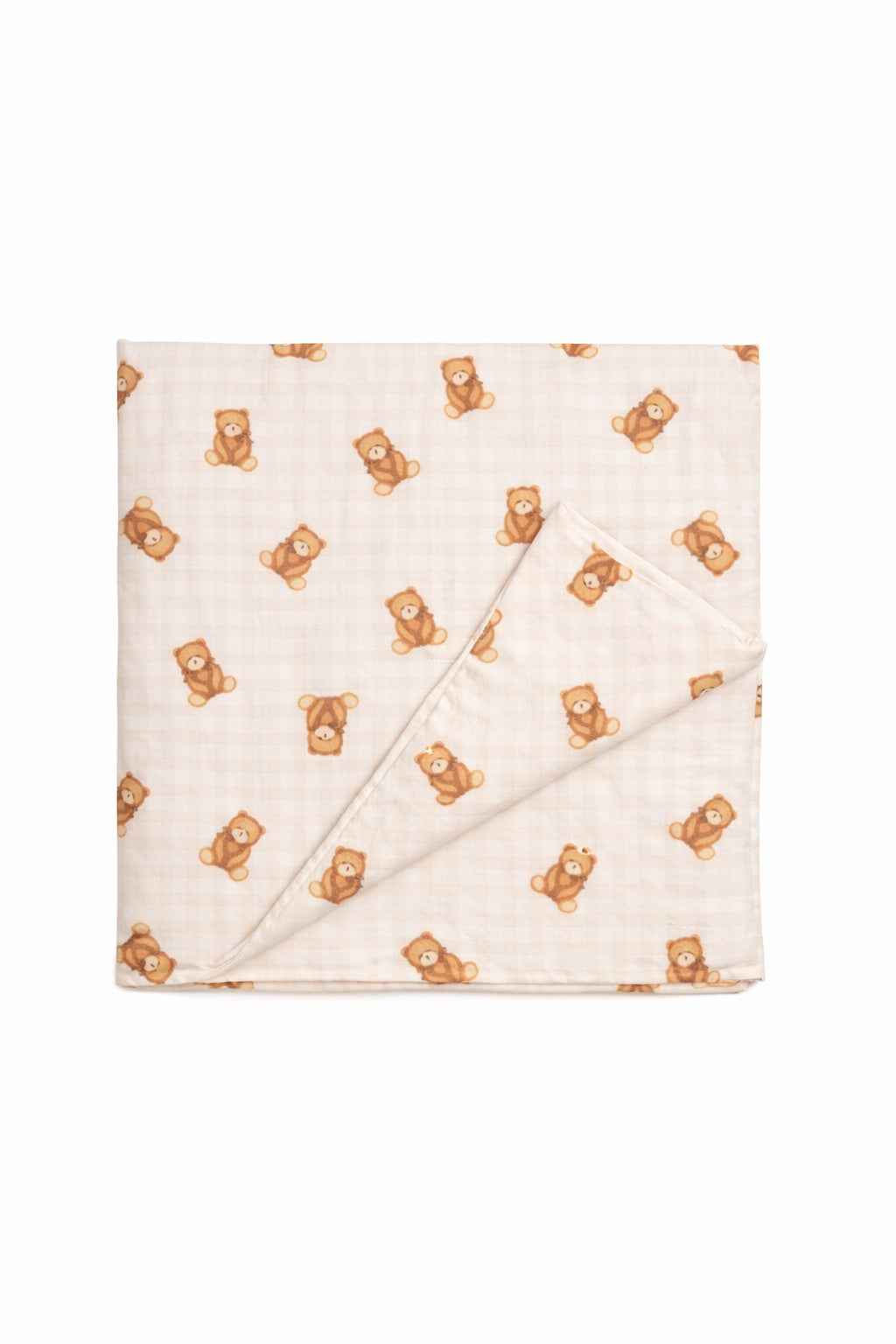 Beige and white gingham quilted crib blanket with teddy bear pattern and hand-tufted texture.