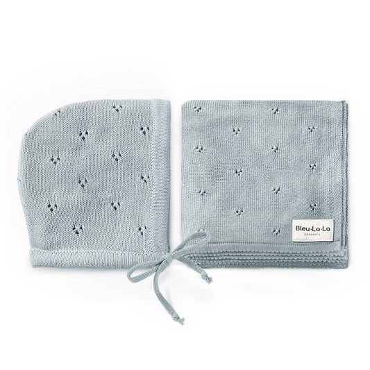 Organic Pointelle Swaddle Blanket and Hat Gift Set Bleu La La