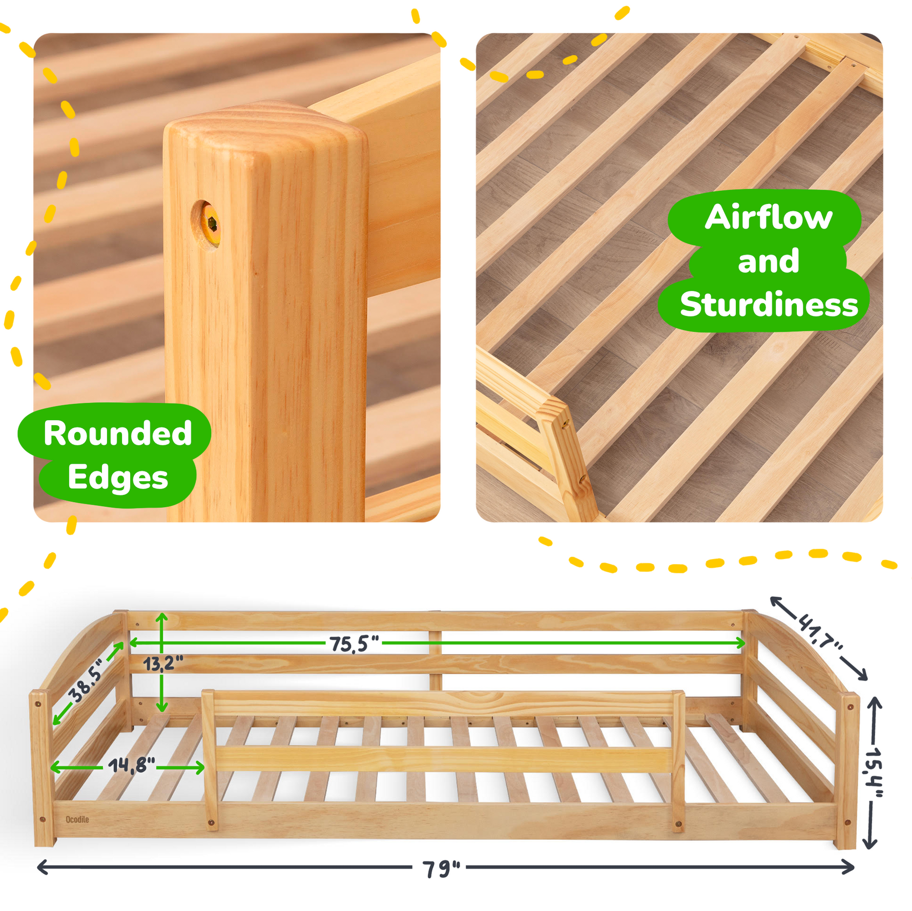 Twin Size Montessori-Inspired Floor Bed with Safety Guardrails for Kids by Ocodile.com
