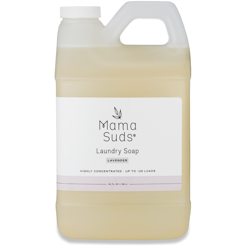 Eco-friendly MamaSuds Laundry Detergent Soap in lavender scent, highly concentrated for 128 loads.