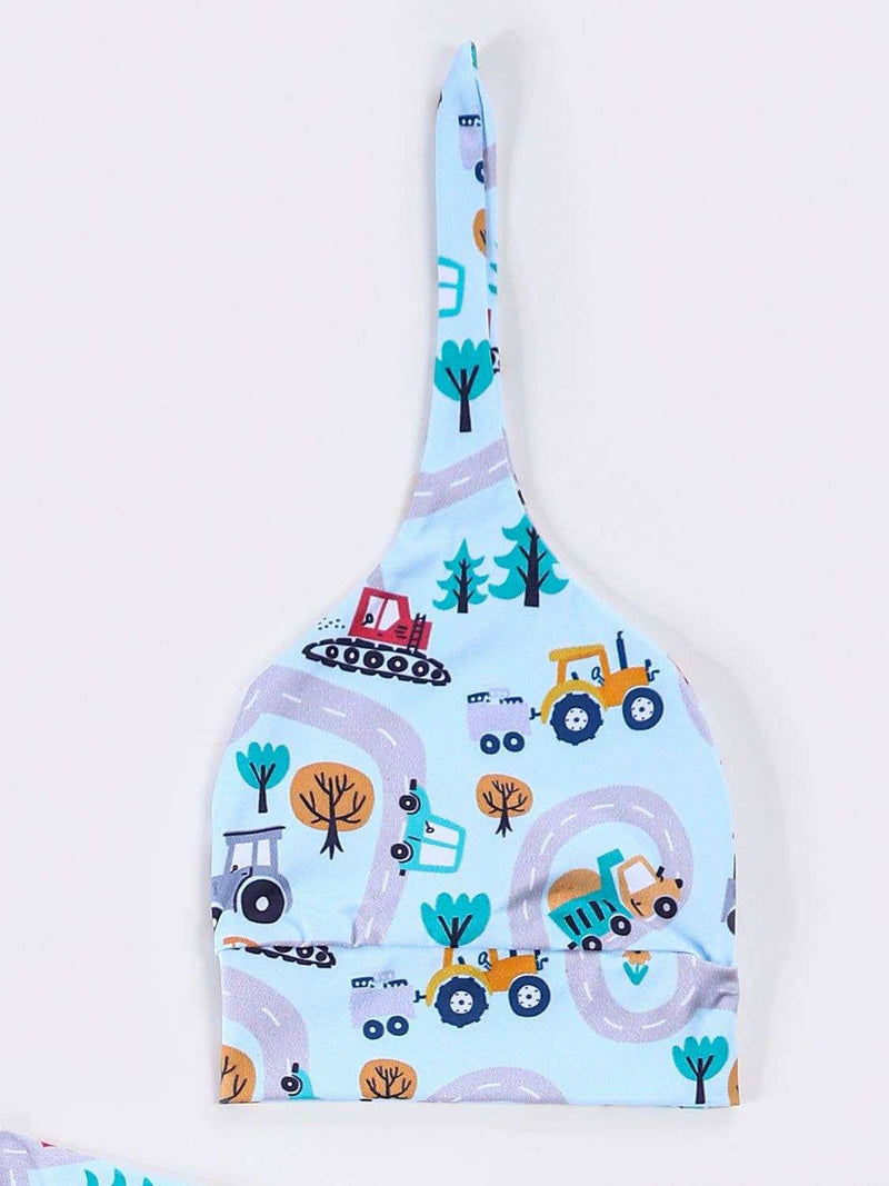 Clover Cottage baby knotted gown and hat set with playful vehicle print, soft bamboo, spandex, and cotton blend.