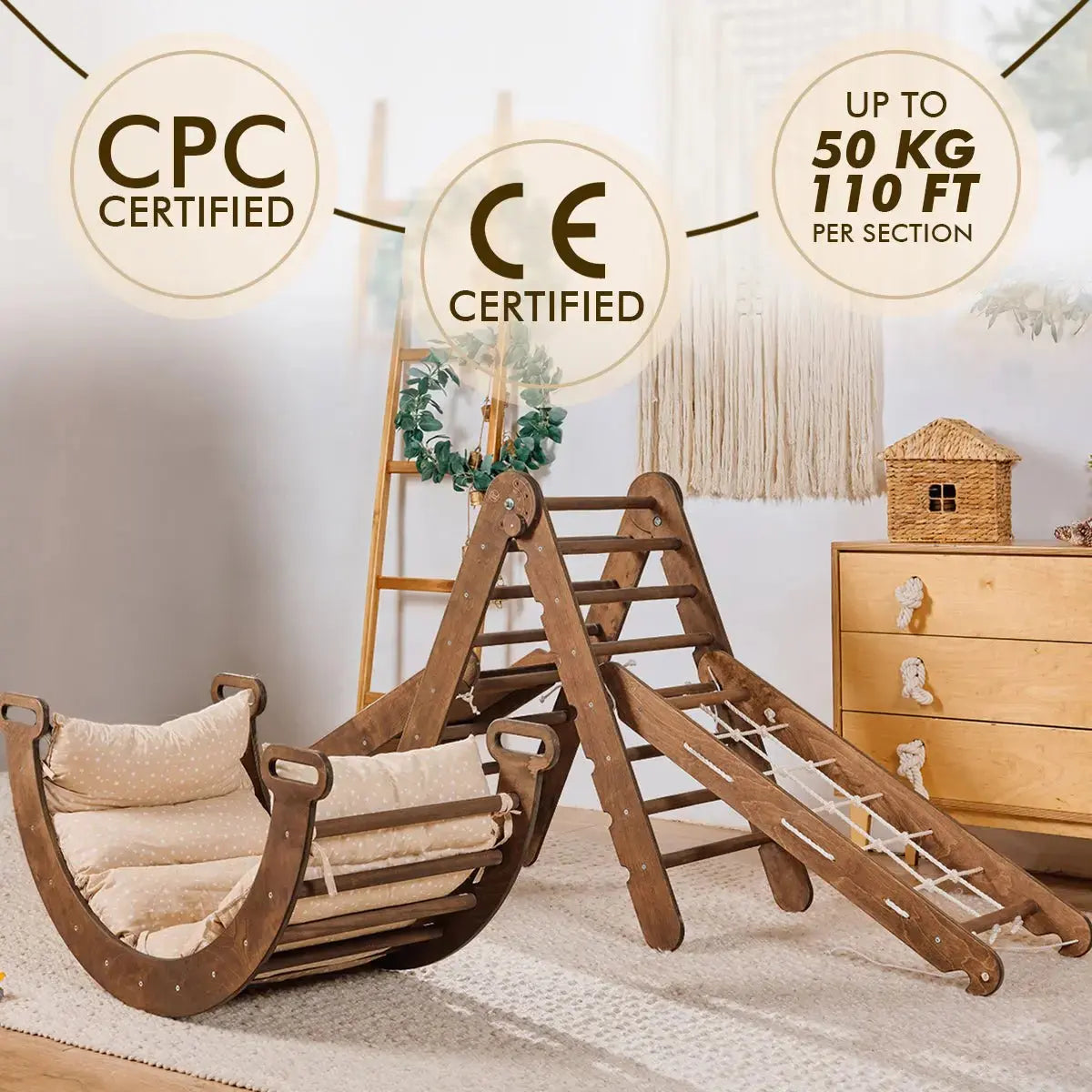 Goodevas 5in1 Montessori Climbing Set Triangle Ladder Climbing Arch Slide Net and Cushion Chocolate - Baby & Toddler > Baby Toys & Activity Equipment > Baby Activity Toys 5in1 Playsets