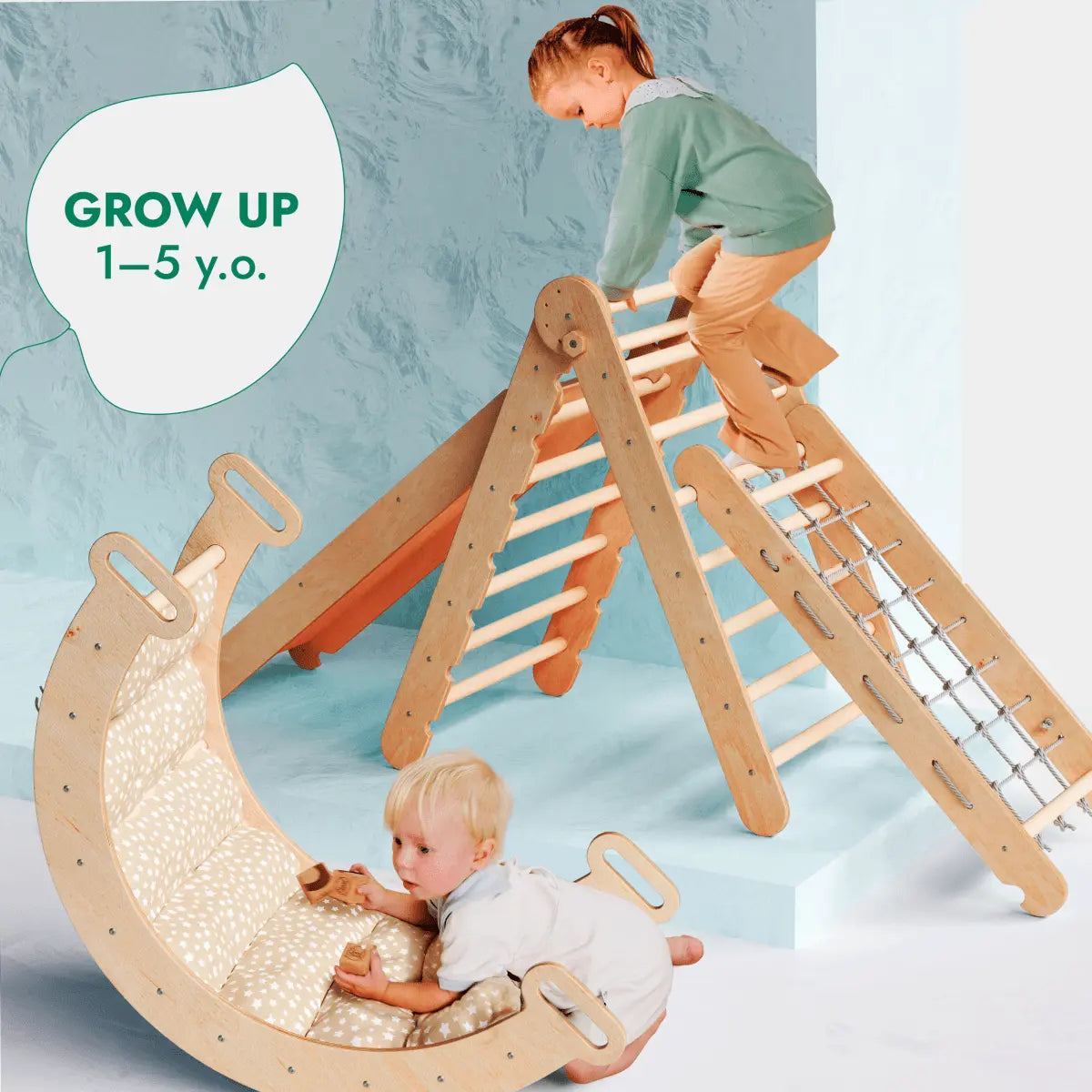 Goodevas 5in1 Montessori Climbing Set: Triangle Ladder + Arch/Rocker + Slide Board/Ramp + Netting rope + Cushion - 