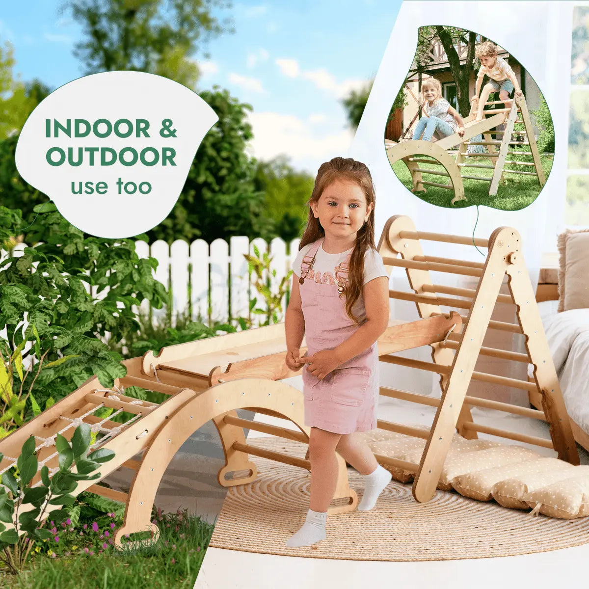 Goodevas 5in1 Montessori Climbing Set: Triangle Ladder + Arch/Rocker + Slide Board/Ramp + Netting rope + Cushion - 