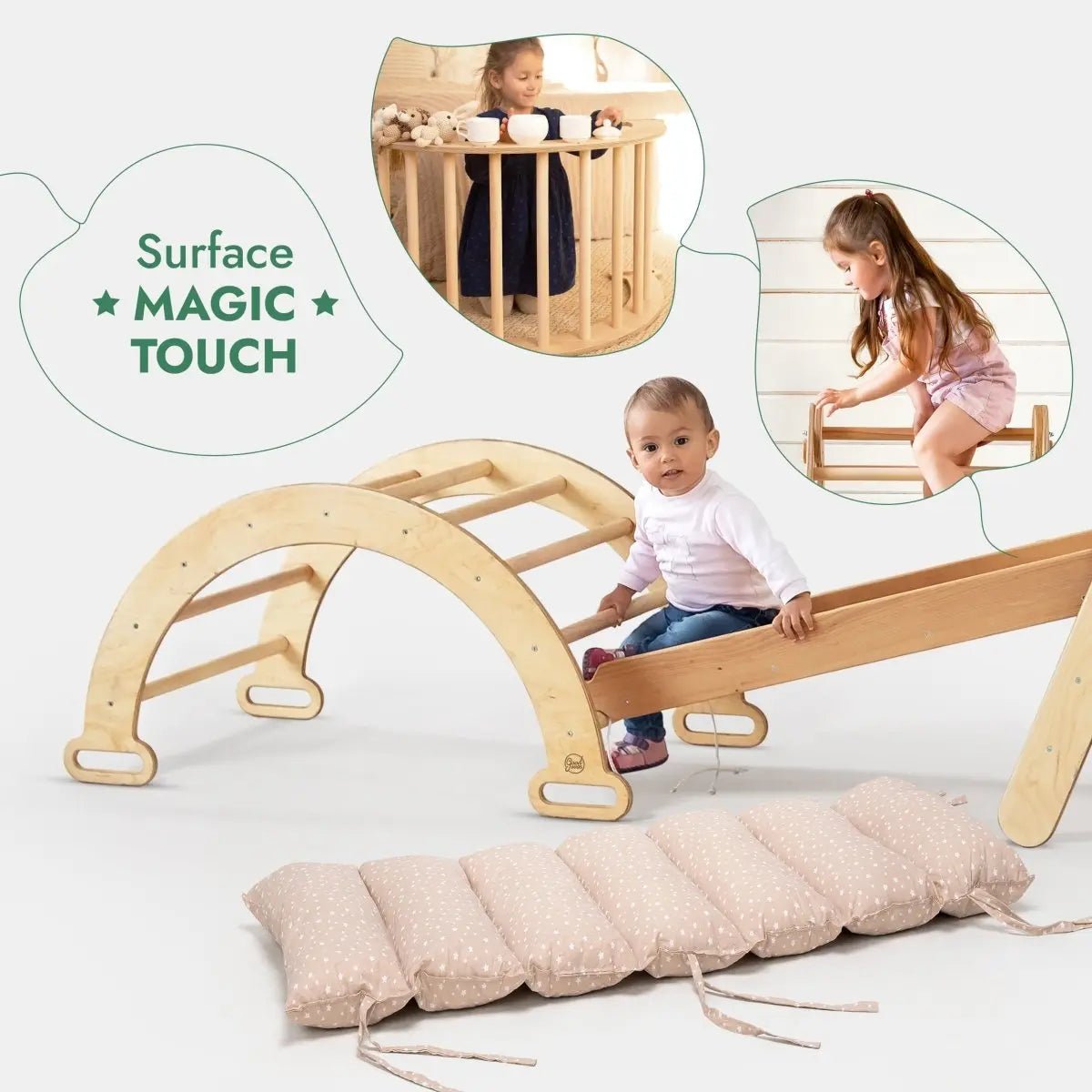 Goodevas 5in1 Montessori Climbing Set: Triangle Ladder + Arch/Rocker + Slide Board/Ramp + Netting rope + Cushion - 