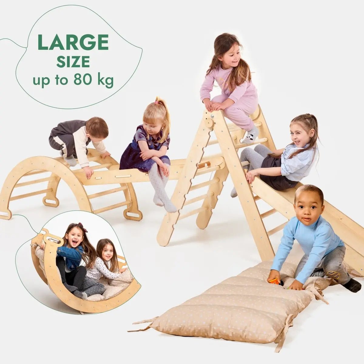 Goodevas 5in1 Montessori Climbing Set: Triangle Ladder + Arch/Rocker + Slide Board/Ramp + Netting rope + Cushion - 