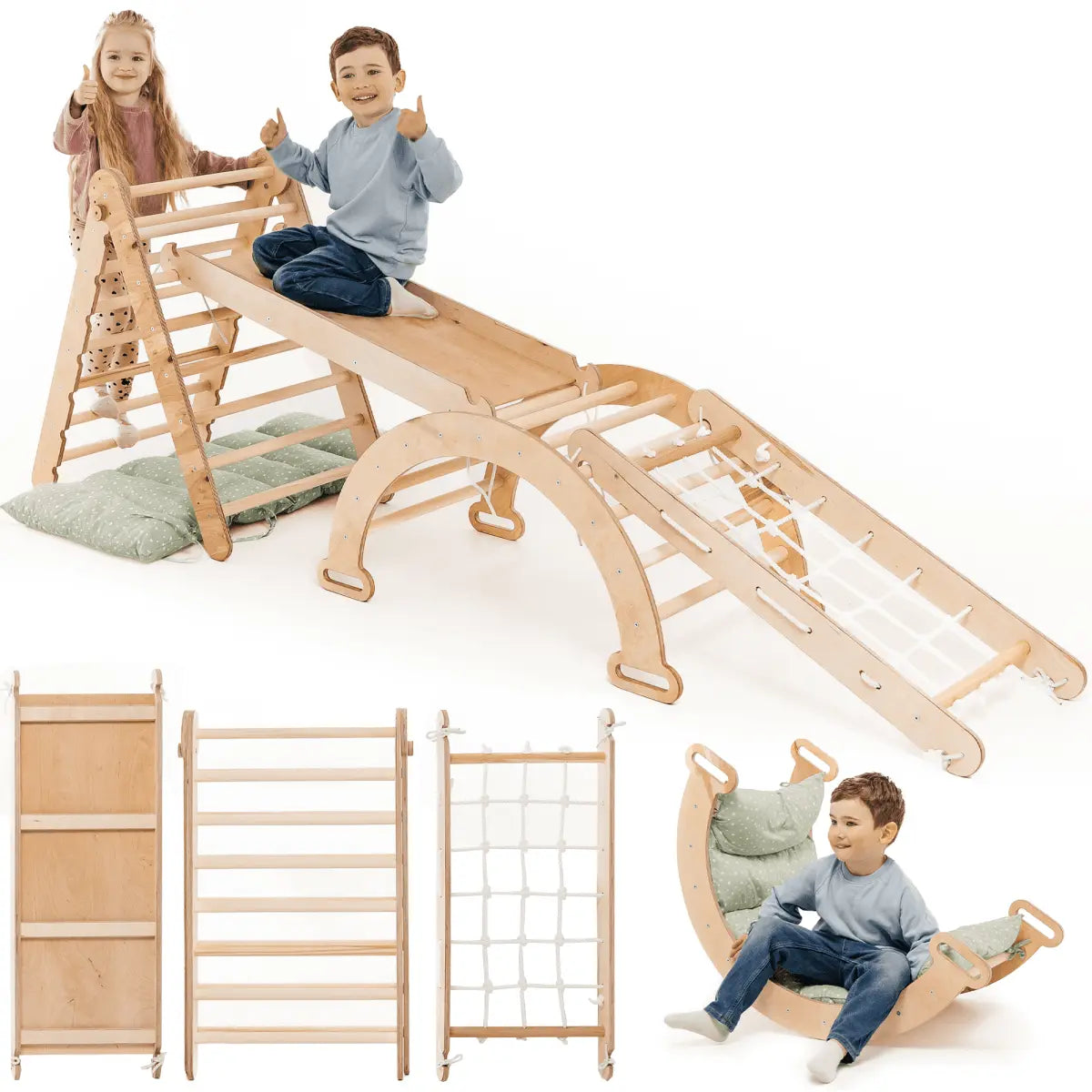 Goodevas 5in1 Montessori Climbing Set: Triangle Ladder + Arch/Rocker + Slide Board/Ramp + Netting rope + Cushion - 