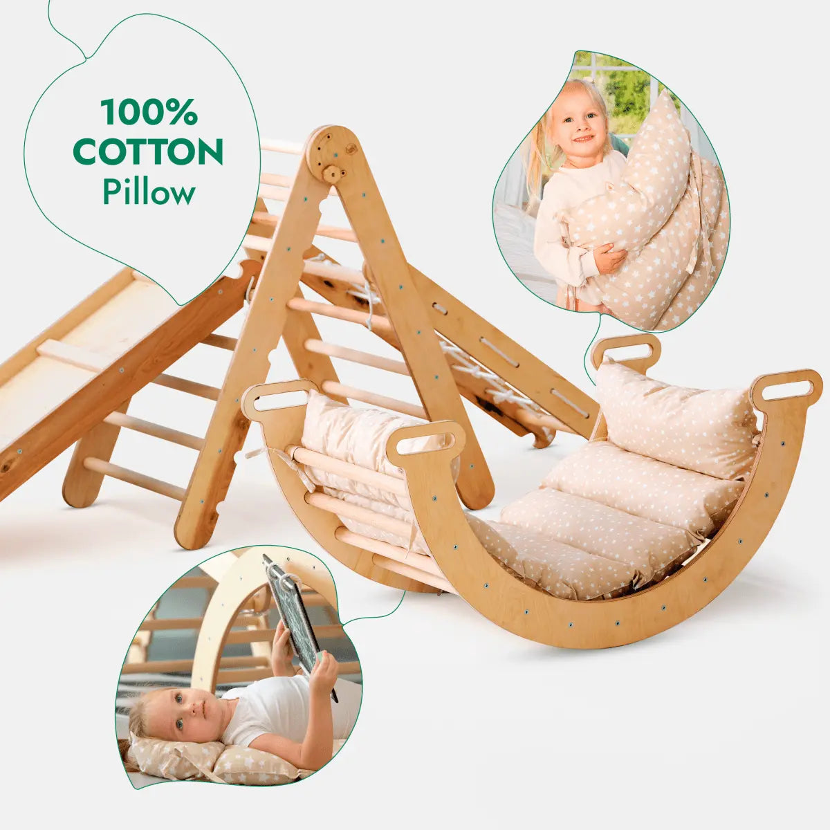 Goodevas 5in1 Montessori Climbing Set: Triangle Ladder + Arch/Rocker + Slide Board/Ramp + Netting rope + Cushion - 