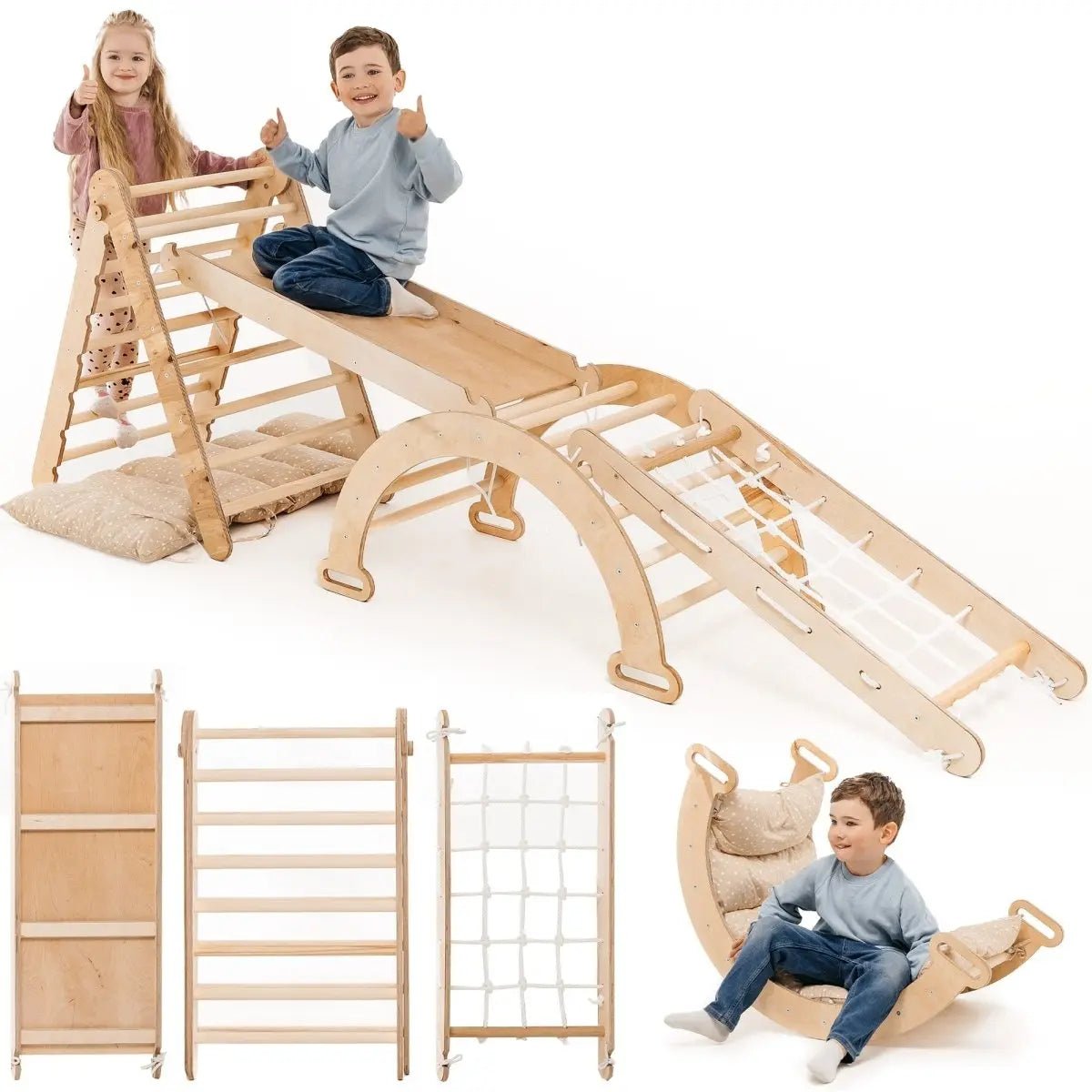Goodevas 5in1 Montessori Climbing Set: Triangle Ladder + Arch/Rocker + Slide Board/Ramp + Netting rope + Cushion - 