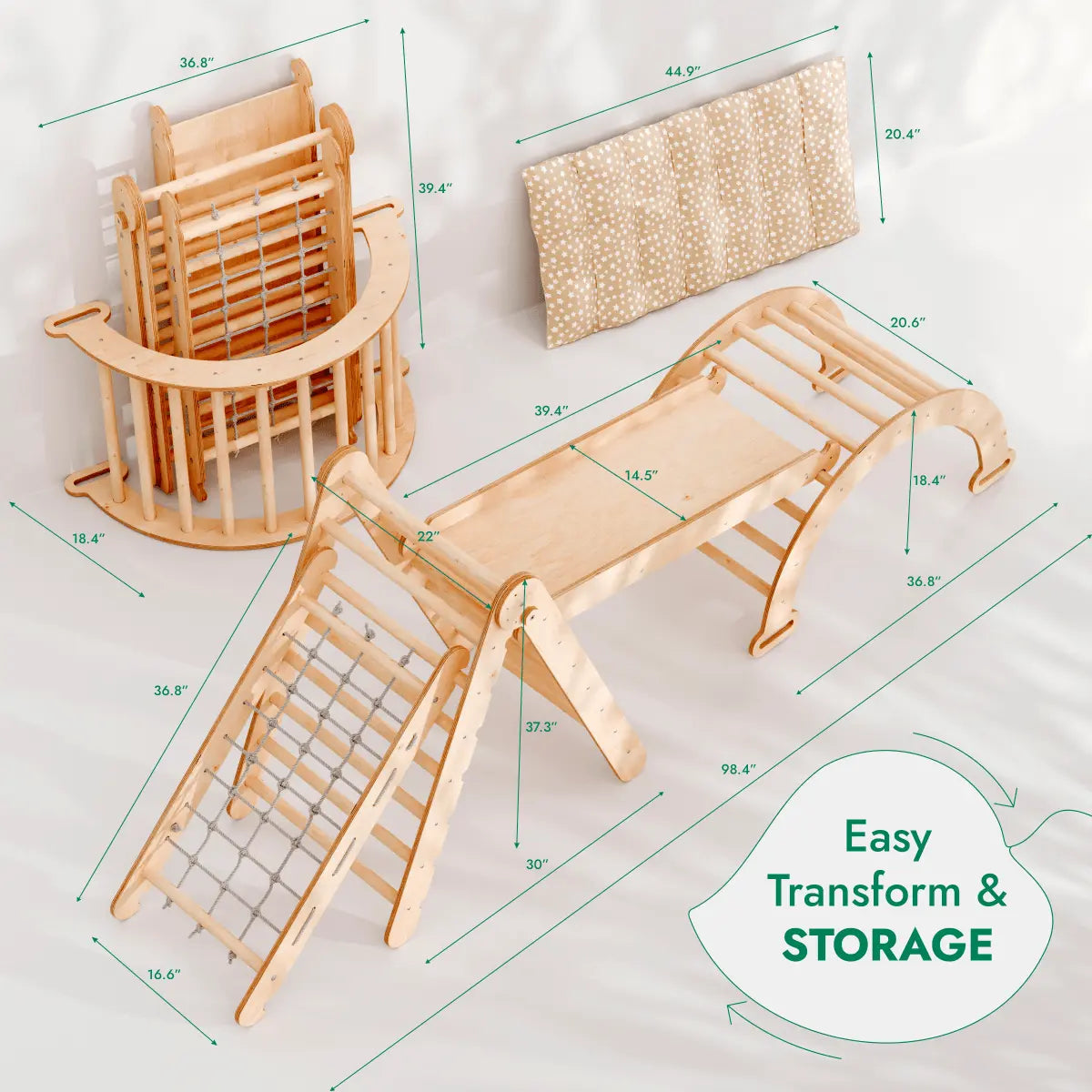 Goodevas 5in1 Montessori Climbing Set: Triangle Ladder + Arch/Rocker + Slide Board/Ramp + Netting rope + Cushion - 