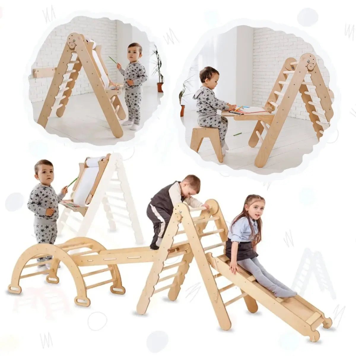 Goodevas 5in1 Montessori Climbing Set: Triangle Ladder + Climbing Arch + Slide Board + Climbing Net + Art Addition - 