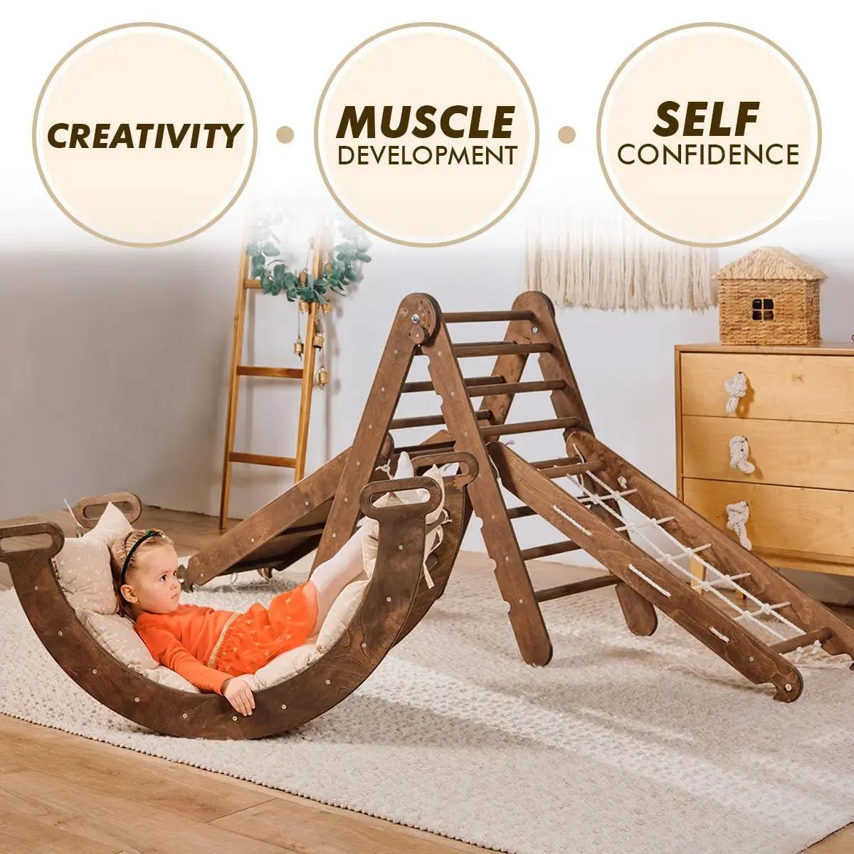 Goodevas 5in1 Montessori Climbing Set Triangle Ladder Climbing Arch Slide Net and Cushion Chocolate - Everetts Place Boutique - 