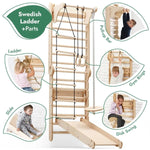 Goodevas 6 In 1 Wooden Swedish Wall Climbing Ladder for Children with Swing Set and Slide Board - Everetts Place Boutique - 