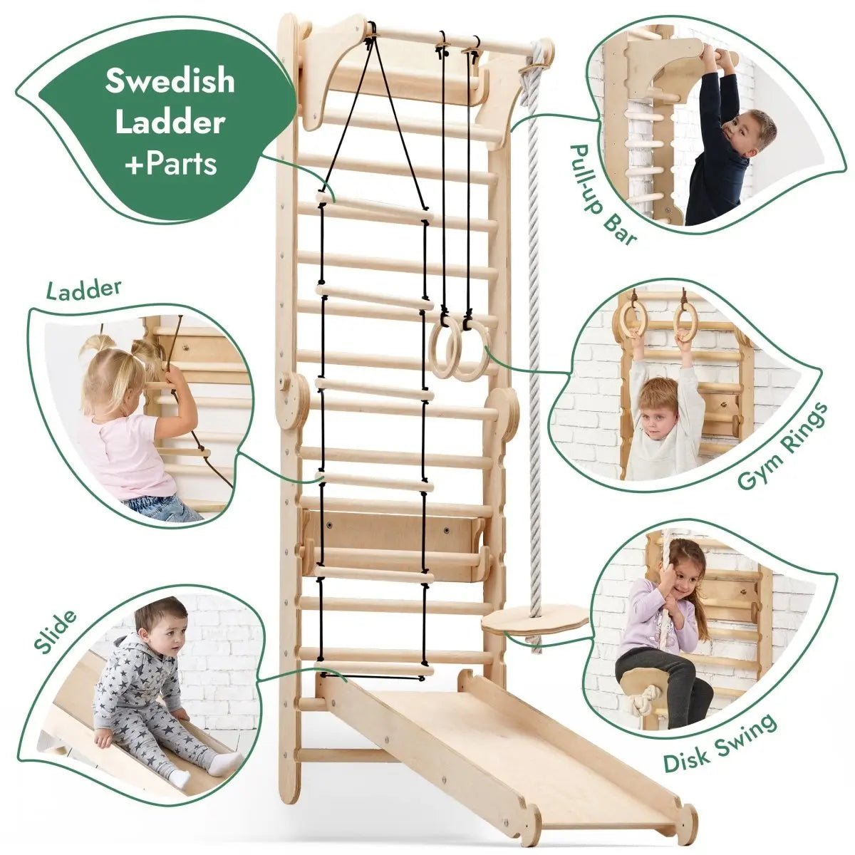 Goodevas 6 In 1 Wooden Swedish Wall Climbing Ladder for Children with Swing Set and Slide Board - Everetts Place Boutique - 