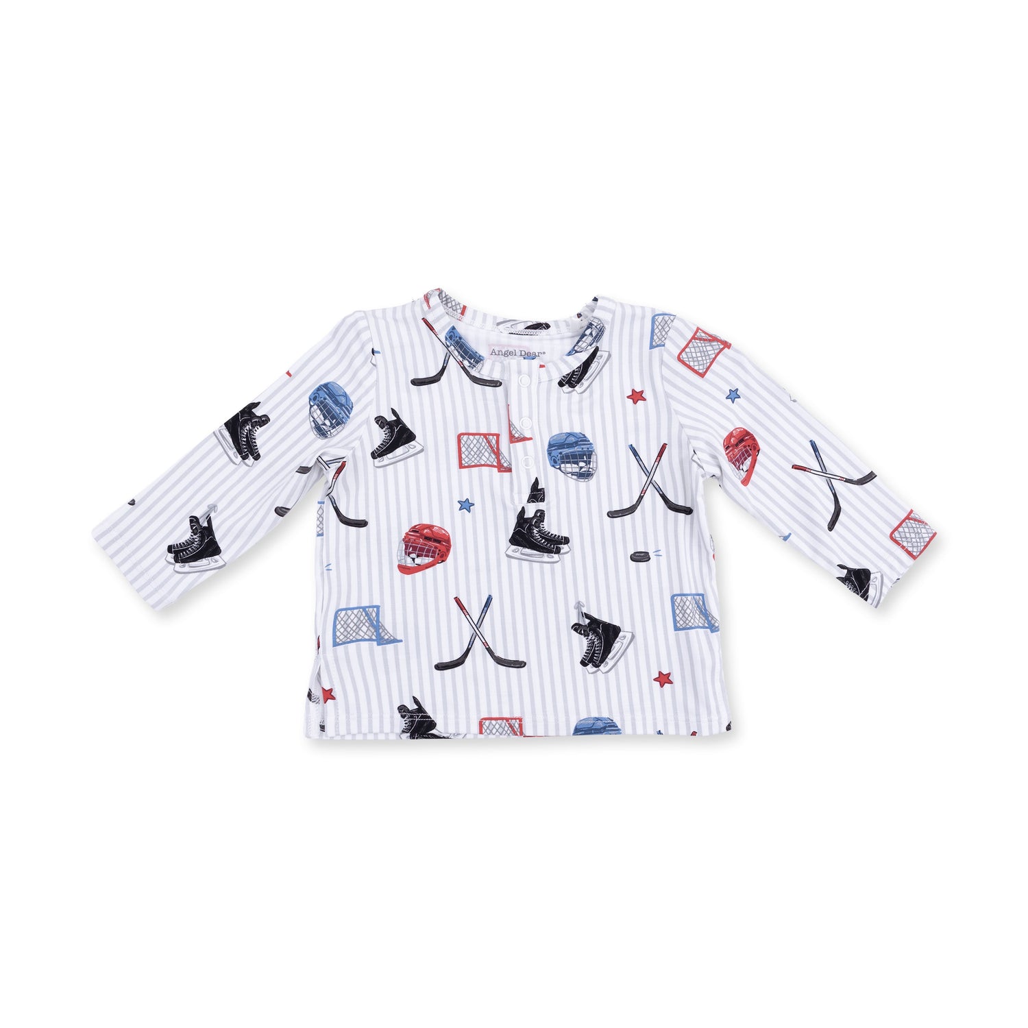 Long sleeve henley top in a hockey stripe pattern with a front button placket