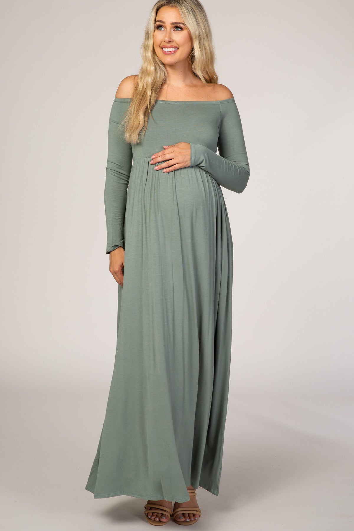 Sage Off Shoulder Long Sleeve Maternity Maxi Dress by PinkBlush (view 1 of 6)